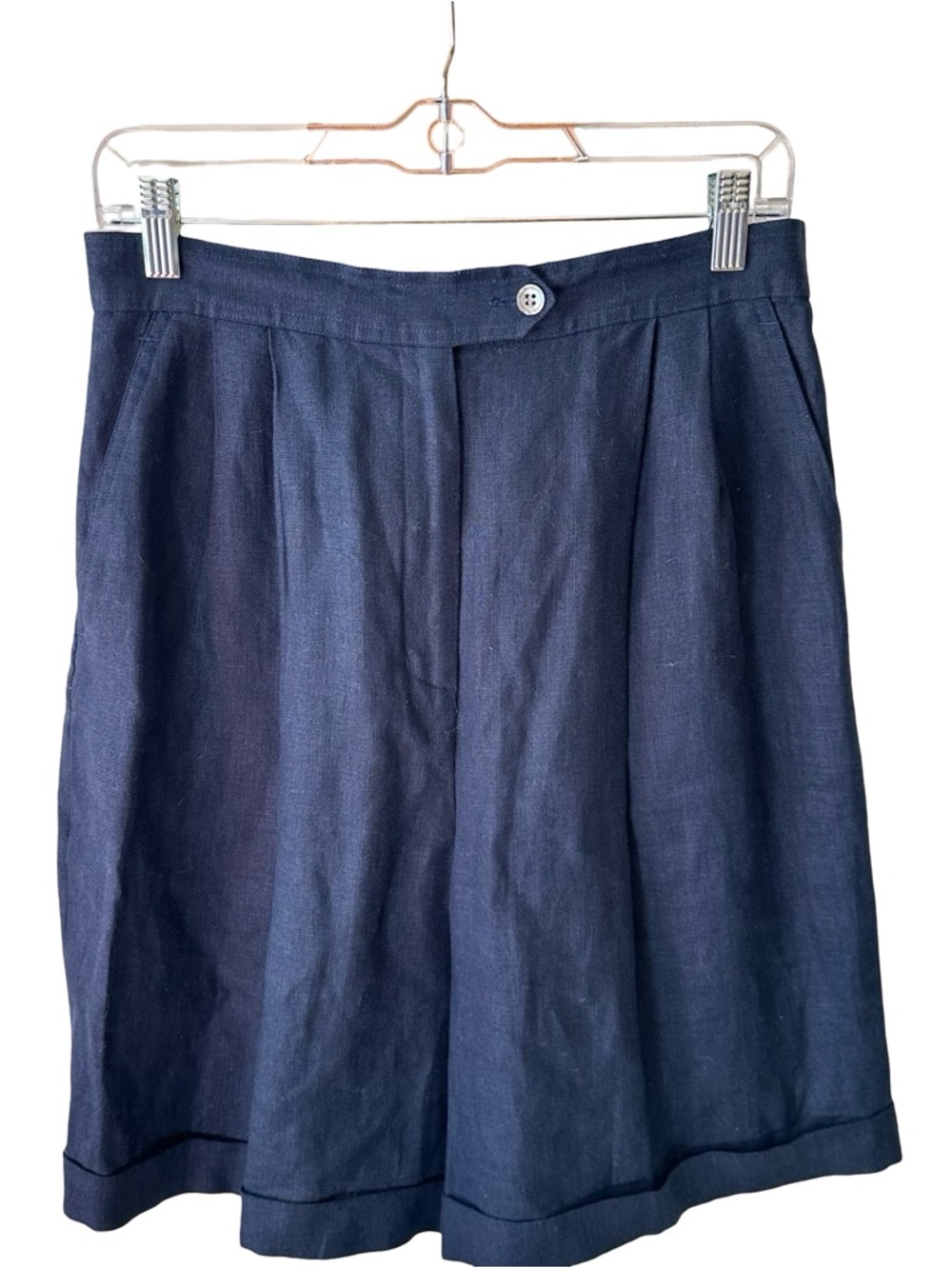 Vintage Brooks Brothers 100% Linen Navy Blue Pleated Bermuda Shorts Womens Sz 12